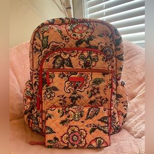 Vera Bradley Pink “Stitched Garden” Campus Backpack & Matching Wallet Set